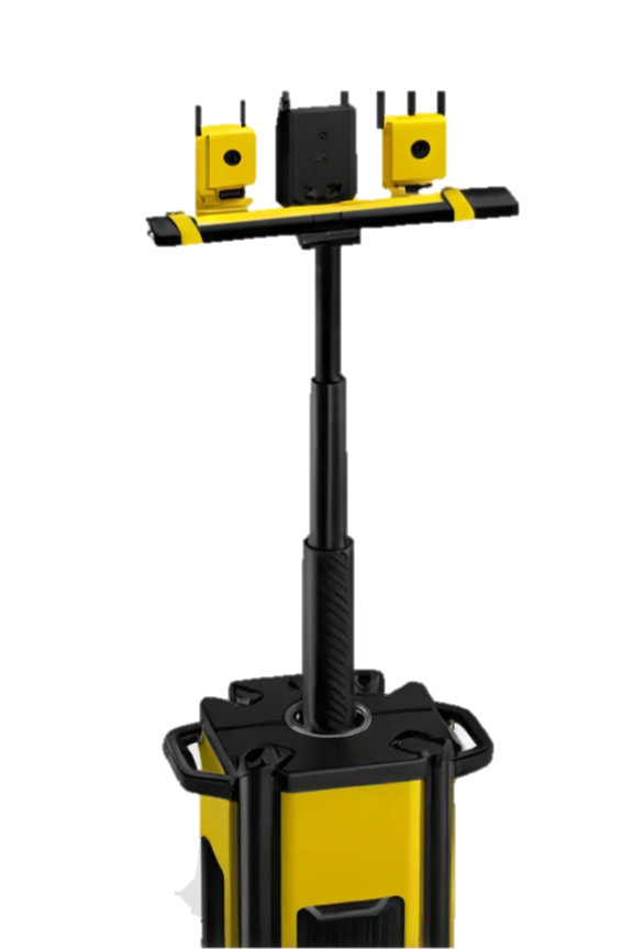 IronNode eTower — deployed solar tower with AI camera masthead, duotoned in the steel accent